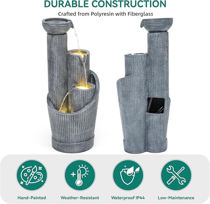 31" Modern Outdoor Water Fountain with LED Lights, 5-Tier Twist Pedestal Bowl Garden Fountain, Cascading Waterfall for Relaxing Garden, Patio, Backyard, Deck, Porch or Home Decor