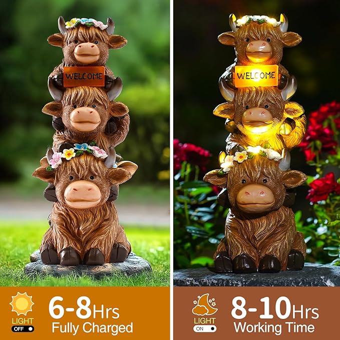 Garden Highland Cow Statue Solar Outdoor Decor with Flower Decoration Funny Triple Highland Cow Decor Birthday Gifts for Women Mom Highland Cows Figurine for Yard Garden Patio Lawn Ornaments