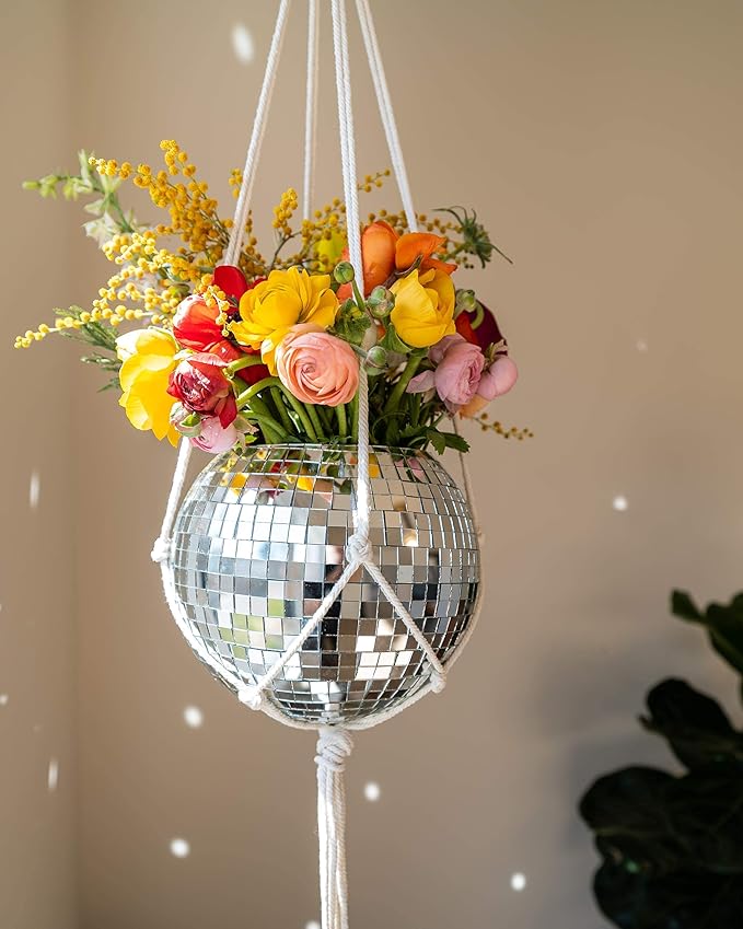 Hanging Disco Ball Planter 8" - with Acrylic Stand and Macrame Plant Hanger - Home Décor, Room Décor, Patio or Boho Décor, Mirror Disco Planter, Disco Decor (8" No Base)