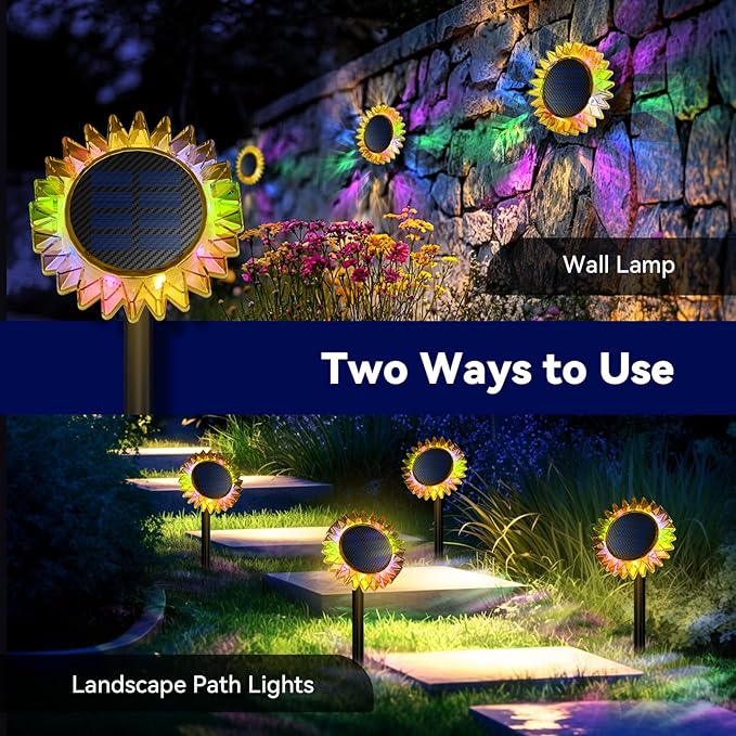 Hogni Solar Pathway Lights - 2 Pack LED Sunflower Garden Light, Waterproof Outdoor Decor for Wall, Lawn, Yard, Walkway, Patio, Landscape