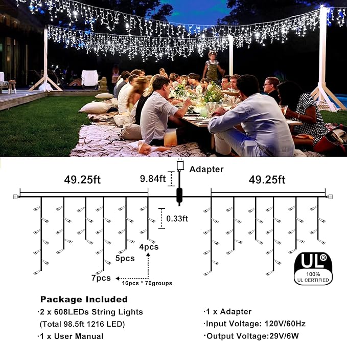 Icicle Christmas Lights, 98FT 1216 LED Icicle Lights for Outside with 228 Drops, 8 Modes Waterproof Twinkle String Lights for House Bedroom Wedding Holiday Decorations, White
