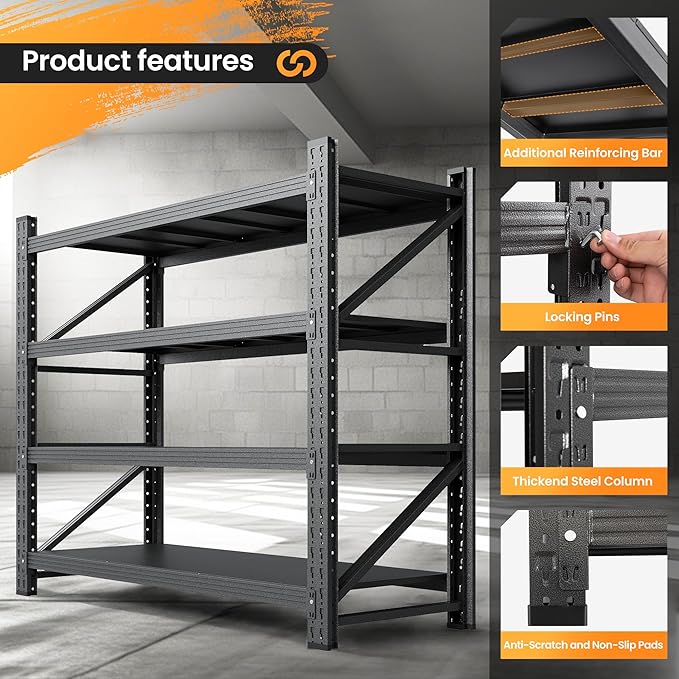 3000LBS Metal Storage Shelves, 48” W Heavy Duty Garage Shelving Units, 4 Tier Storage rack shelf, Steel Industrial Shelving , Adjustable Standing Shelf for Basement/Warehouse 48"W x 24"D x 70"H, Black