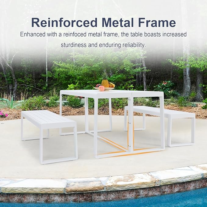 Aoodor 3-Piece Outdoor Patio Dining Set, Aluminum Furniture Set with 1 Rectangular Picnic Table and 2 Benches for Garden, Lawn, Yard