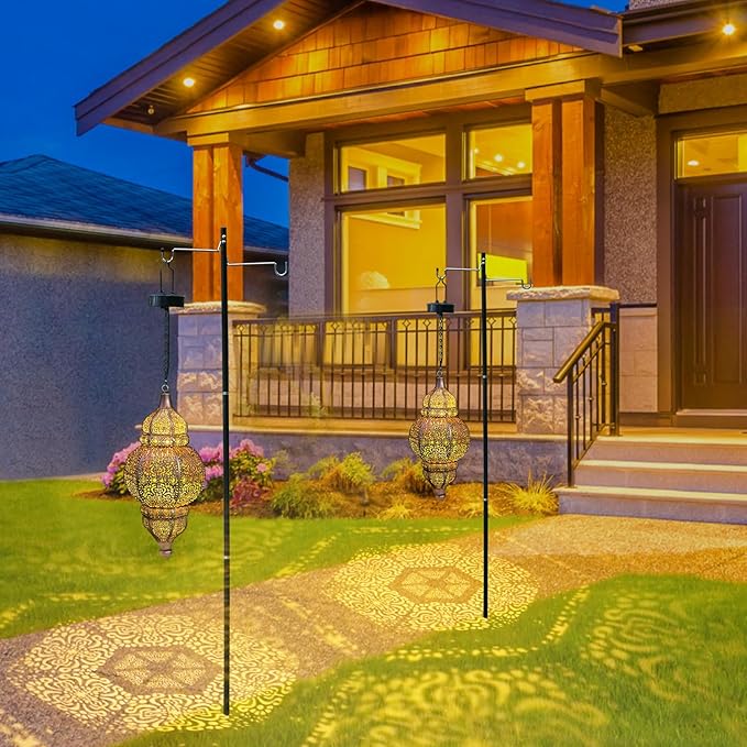 2 Pack Hanging Solar Lights, Outdoor Decor Solar Lantern, Waterproof Metal Moroccan Lantern for Outside Patio Pathway Yard Front Porch Backyard Garden Decorative