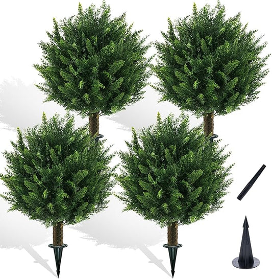 21" Artificial Cypress Topiary Outdoor Plants with Spike, 4 Pack Faux Cedar Bushes UV Resistant Fake Shrubs for Front Porch Décor