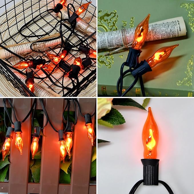 Halloween Lights Flickering Flame String Lights with 12 Pack C7 Orange Flame Light Bulbs (2 Spare), 12.8Ft Orange Flame String Lights for Indoor Outdoor Home Party Yard Halloween Decorations