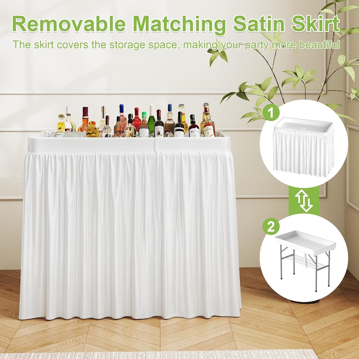 4 Foot Ice Cooler Table with Matching Skirt & Drain Hose, with Iron Stand, Portable Patio Outdoor Chilling Table Portable Bar for Events for Party, Picnic, BBQ, Camping (White)