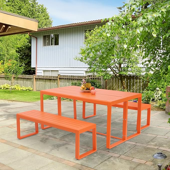 Aoodor 3-Piece Outdoor Patio Dining Set, Aluminum Furniture Set with 1 Rectangular Picnic Table and 2 Benches for Garden, Lawn, Yard