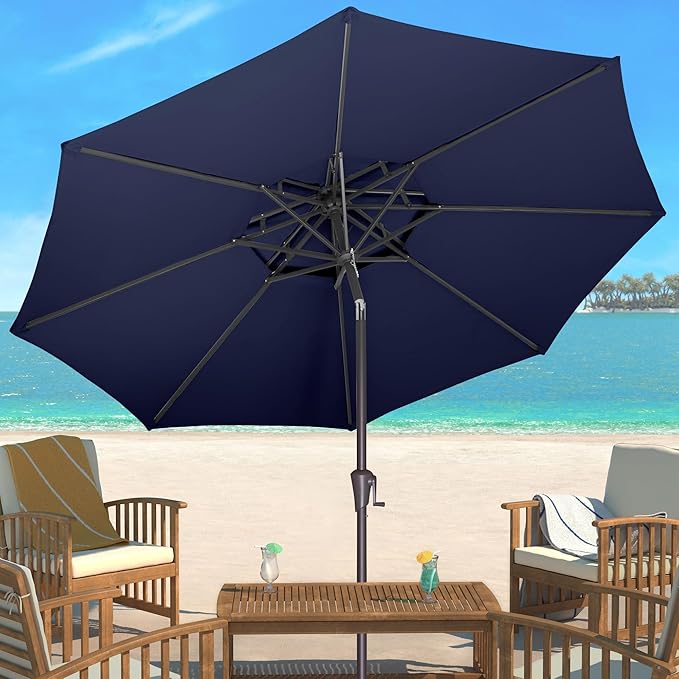 9ft Outdoor Patio Umbrella - 2 Tiers Table Umbrella Waterprool UV Protection, Sombrillas de Patio with Push Button Tilt&Crank, Sun Umbrella for Pool, Porch, Garden, Backyard(Dark Blue)