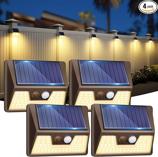 4 Pack Solar Fence Lights Waterproof, Motion Sensor Deck Outdoor, Warm White LED for Wall Yard Steps Stairs Garden - Brown