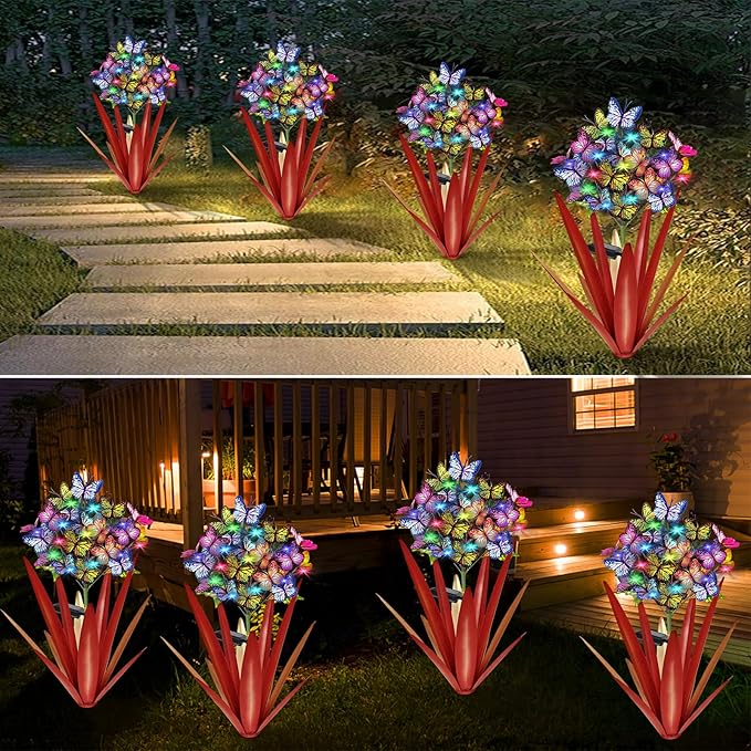 Homight Solar Metal Agave Butterfly Flower Stick Garden Sculpture - Outdoor Christmas Lights, Swaying Solar Lights Gift (2 PCS RED)