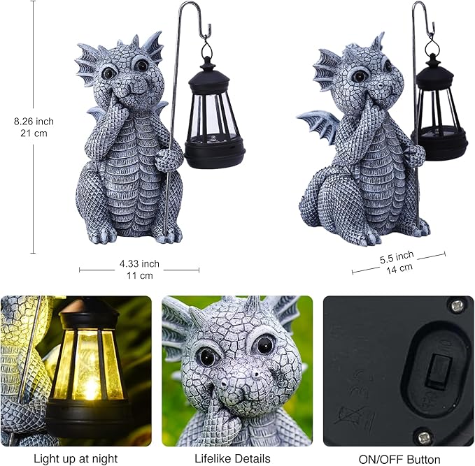 Goodeco Dragon Statue with Solar Lantern - Garden Decor for Lawn, Patio, and Yard - 8.3 inches Dragon Gifts & Outdoor Decorations