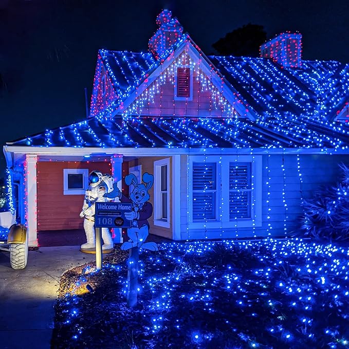 33ft 100 LED Christmas Lights Outdoor - 8 Modes Christmas String Lights Clear Wire with Time Memory, Waterproof Plug in Fairy String Lights for Indoor Outdoor Home Party Garden Decoration, Blue