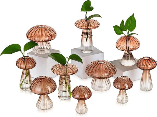 Glasseam Mushroom Plant Propagation Stations: Amber Glass Terrarium Jar Set of 10 Cute Planters for Indoor Plants Mini Propagate Station Unique Christmas Birthday Gifts for Women Home Office Decor