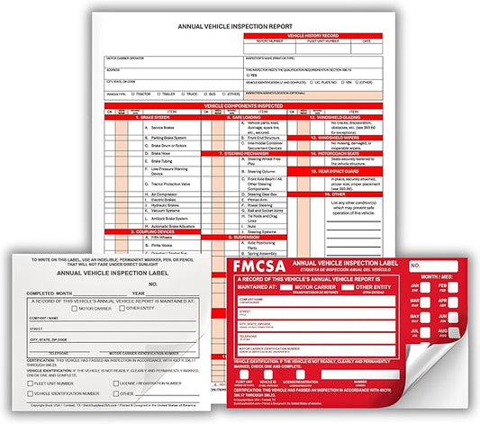5 Pack 3-Ply Carbonless Annual Vehicle Inspection Report Forms with FMCSA Red Aluminum Labels & White Mylar Laminate Vinyl Labels, DOT Inspection Forms and Stickers, Shrink-Wrapped, 8.5" x 11.75"