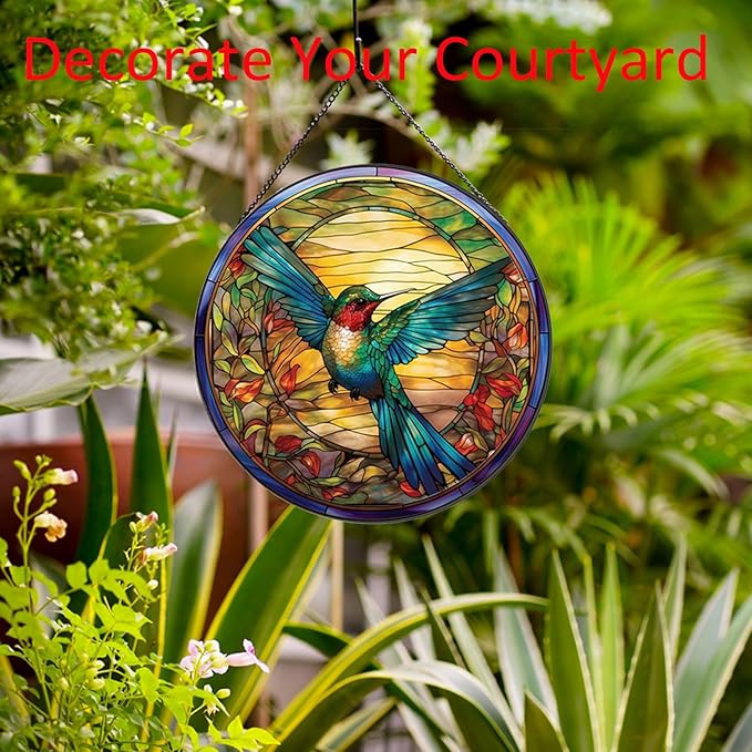 Hummingbirds Pattern Stained Glass Suncatchers for Windows,Hanging Stained Glass Suncatcher,20cm/7.87inch Hand-Painted Sun Catcher Garden Hangings Painted Glass Panel Decor Themed Gift