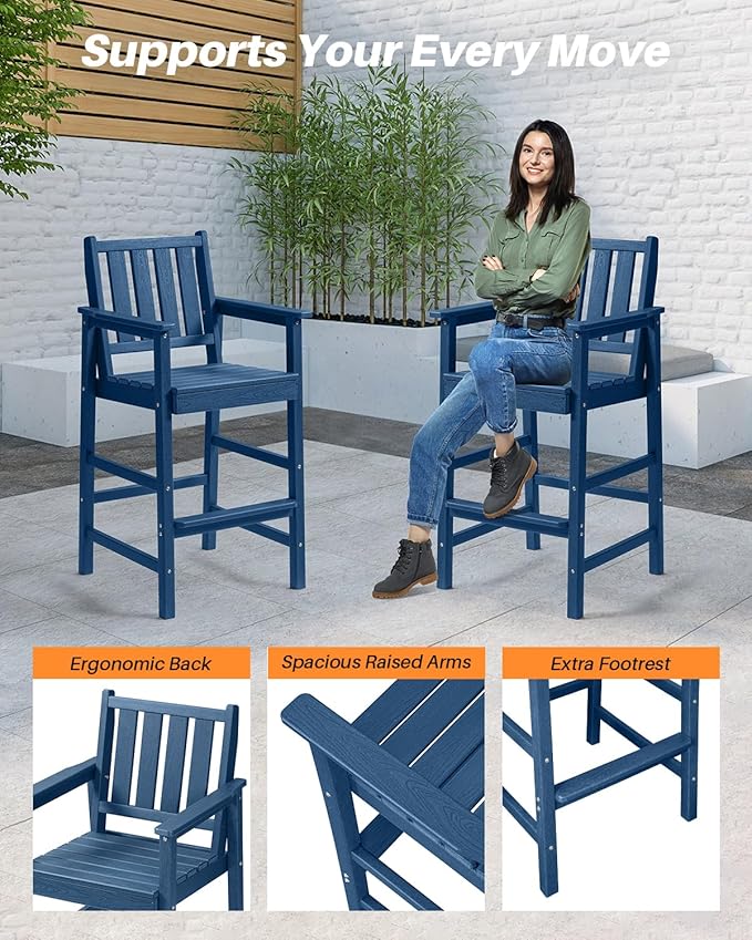 3 Pieces HDPE Outdoor Patio Bar Set, Rectangular Outdoor Bar Height Table and Chairs Set, Adirondack Patio Bar Stools Set, Outdoor Bar Table and Chairs Set for Balcony, Poolside, Porch, Navy