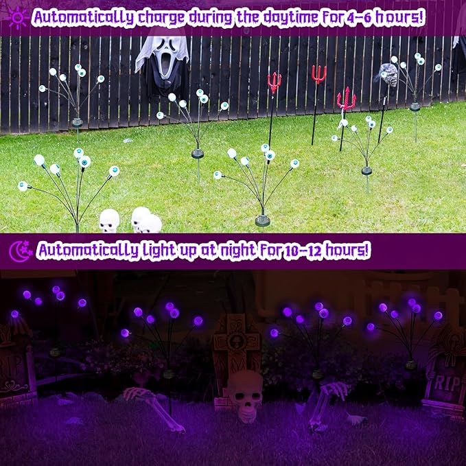 2 Packs 12 LED Scary Eyeball Lights - Purple, Swaying Firefly Lights - Waterproof Solar Halloween Decor for Outdoor/Yard/Garden/Lawn/Party