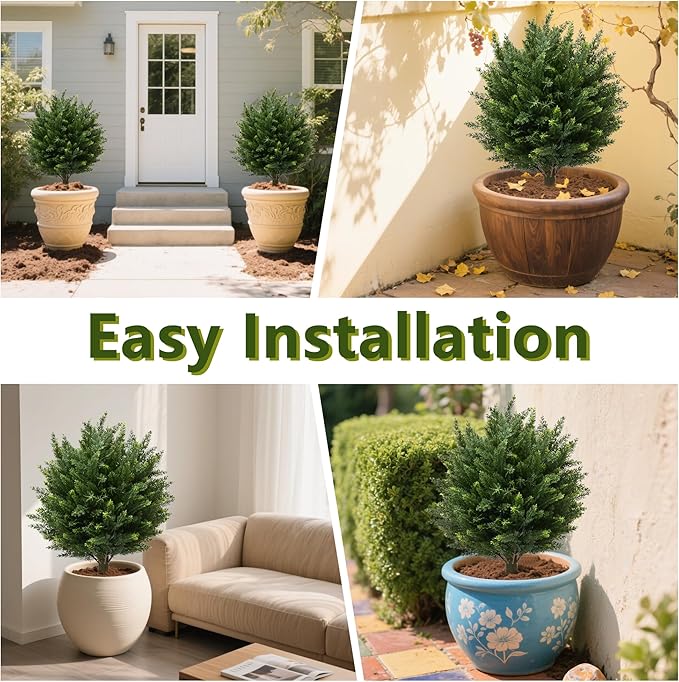 28" UV Resistant Artificial Shrubs for Outdoors - Real Looking Faux Bushes, Fake Cedar Trees, Outdoor Faux Ball Plants & Topiaries - Set of 2 Artificial Shrubs, Artificial Bushes for Garden Decor