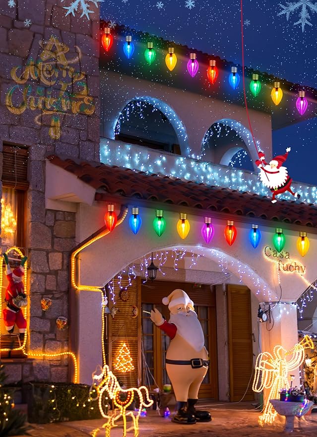 4 Pack Outdoor Christmas Decorations - Jumbo Xmas String Lights or Pathway Marker Lights - Large Multicolored Bulbs Hanging Lights Waterproof Lawn Decoration for Holiday Home Tree Roof Yard Garden