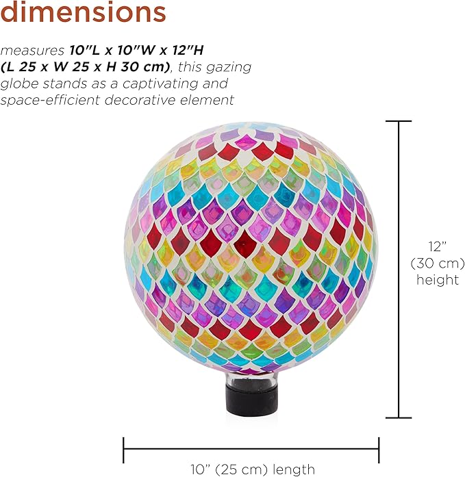 Alpine Corporation HMD220 Glass Gazing Globe w/Mosaic Teardrop Design, Decorative & Elegant Garden Art, 12" H, Multicolor