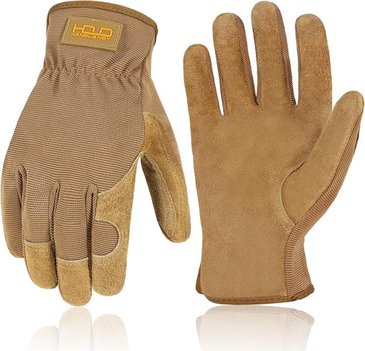 HANDLANDY Leather Work Gloves for Men & Women, Reinforced Durable Garden Gloves, Cowhide Working Glove for Gardening