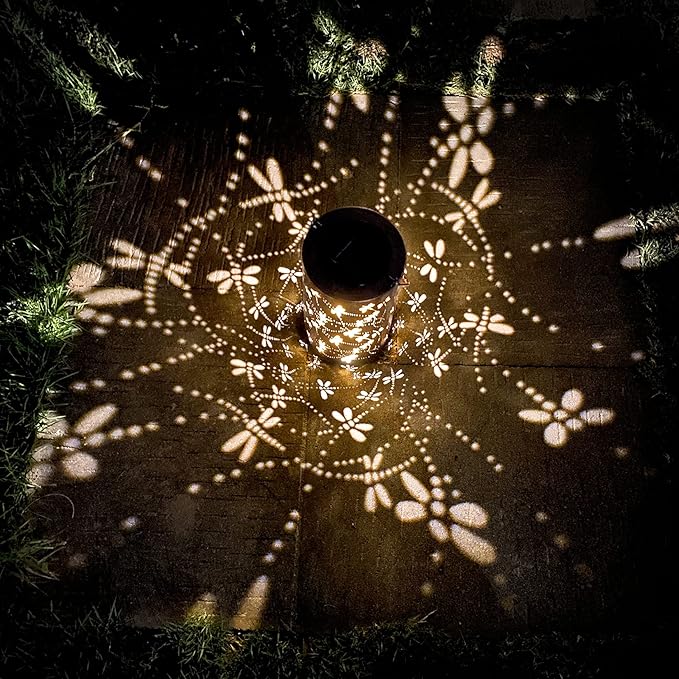 2 Pack Solar Lanterns Outdoor Hanging Lantern Lights, Dragonfly Hollowed-Out Metal Decor Lantern, Waterproof LED Decorative Garden Light - Delicate Garden Decoration for Patio, Yard