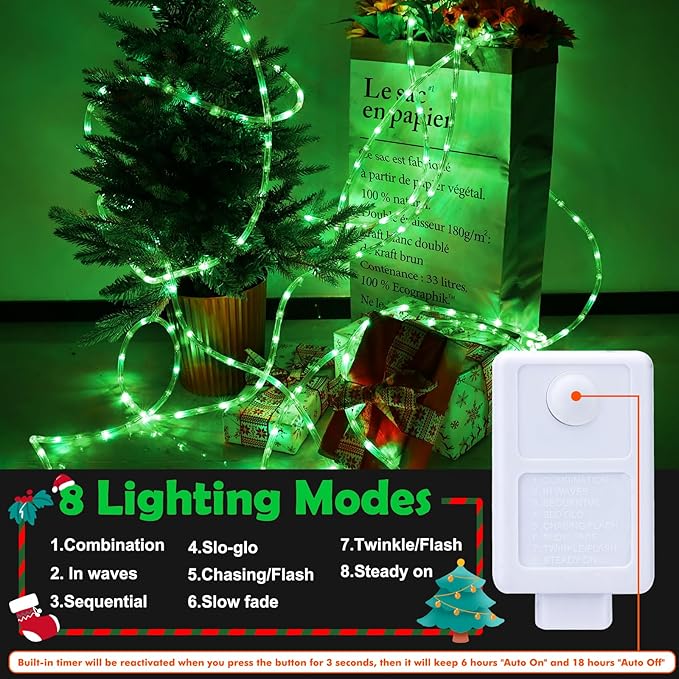 100ft LED Rope Lights Outdoor, 720 LED Connectable and Flexible Tube Lights with 8 Modes, Waterproof LED Rope Lighting for Garden, Patio, Pool, Bedroom, Party, Indoor Outdoor Christmas Decor (Green)