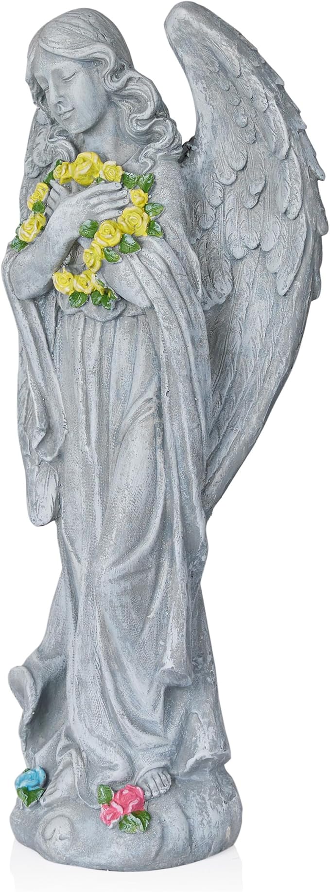 Alpine Corporation MCC832 Angel with Yellow Flower Wreath Statue, Meaningful Décor for Garden, Patio, & Lawn, 29" H, Multicolor