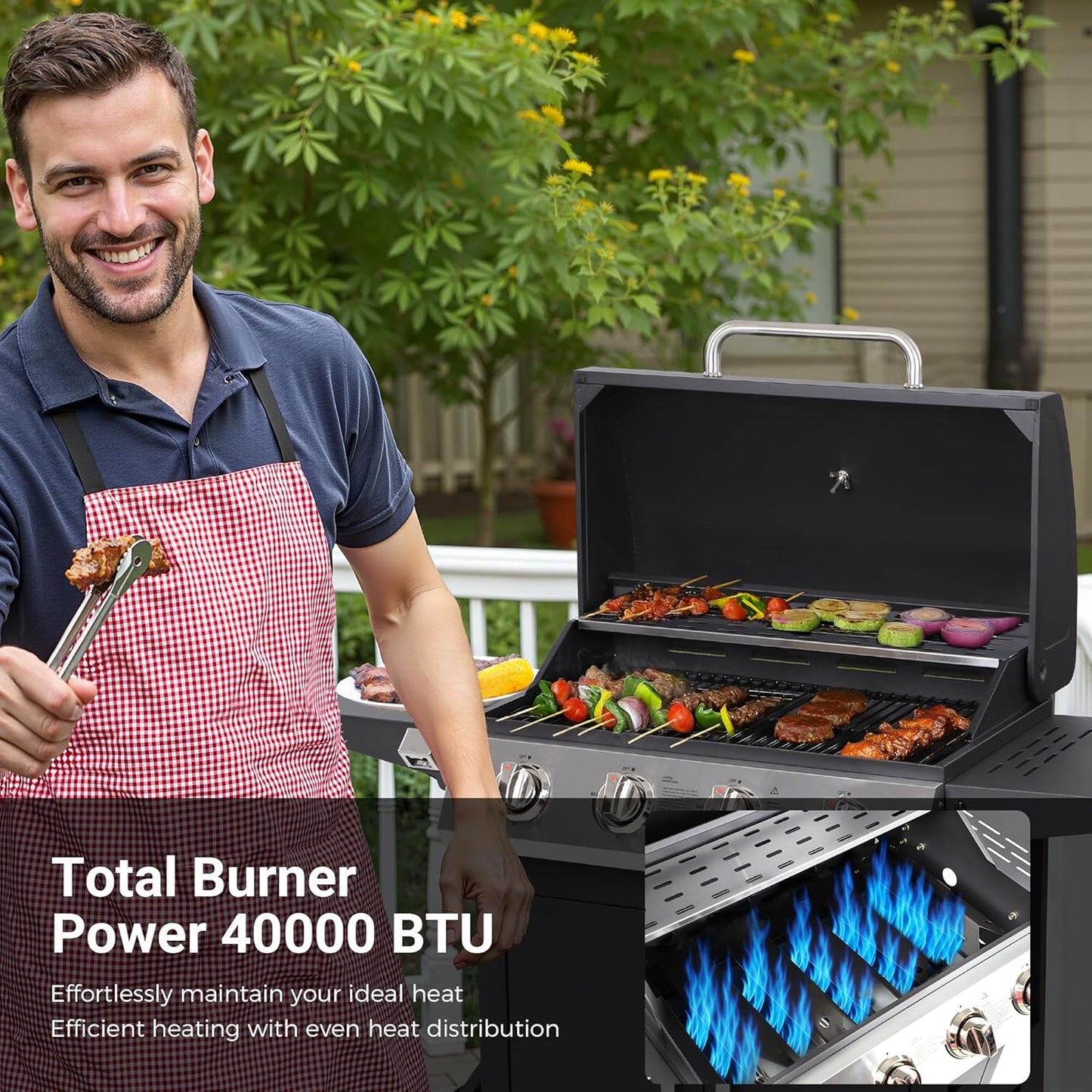 4-Burner Propane Gas Grill, Stainless Steel BBQ with 40,000 BTU, Foldable Side Shelves, Porcelain-Coated Grates, Ideal for Patio & Backyard Cooking (4 Burner)