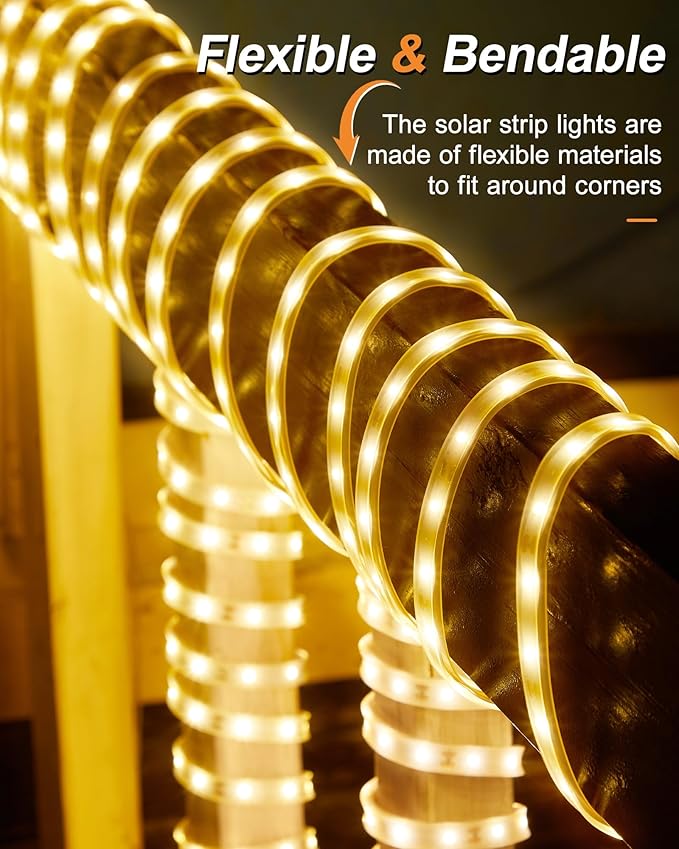 32.8FT 600LED Solar LED Strip Lights Outdoor, Solar Outdoor String Lights, Upgarde Solar Rope Lights with Timer Remote Auto ON/Off for Step, Stair, Deck, Fence, Patio,Yard Decor(Warm White, 32.8 FT)
