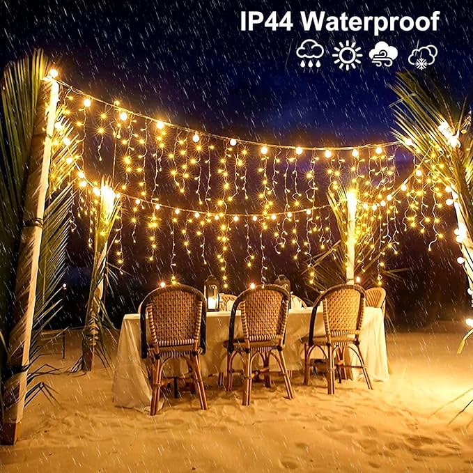 132ft Icicle Lights for Outside - 1280 LED Warm White Christmas Lights with 240 Twinkle Drops, 8 Modes Plug in Waterproof Timer Memory for Tree Wedding Party Window Patio Eave Yard Holiday Decoration