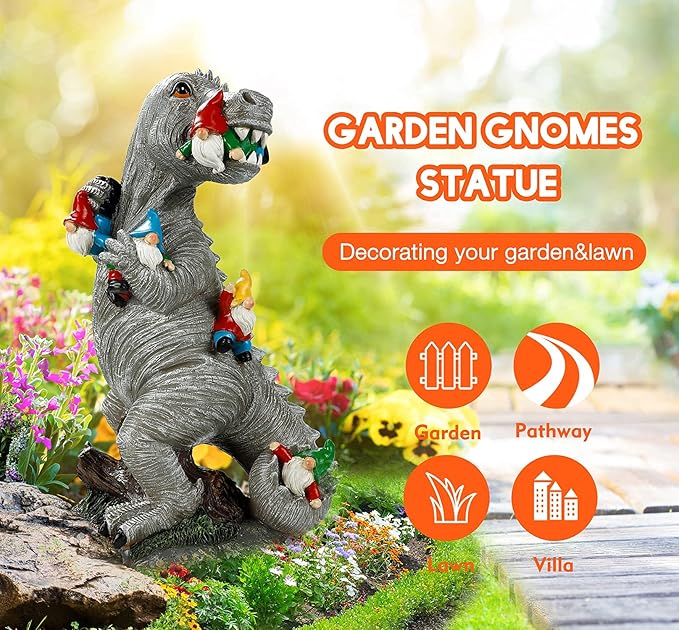 Garden Statue Outdoor Decoration, Weatherproof 14” Dinosaur Garden Gnome, Indoor Outdoor Décor Garden Art for Patio Lawn Yard, Gardening Gift for Homeowners