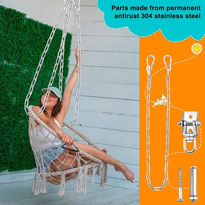 2 Set Hammock Hanging with Swing Chain 1200 LB Capacity Heavy Duty Swing Hangers 360° Swivel Hammock Hanger Kit for Hanging Hammock Chair Tree Yoga