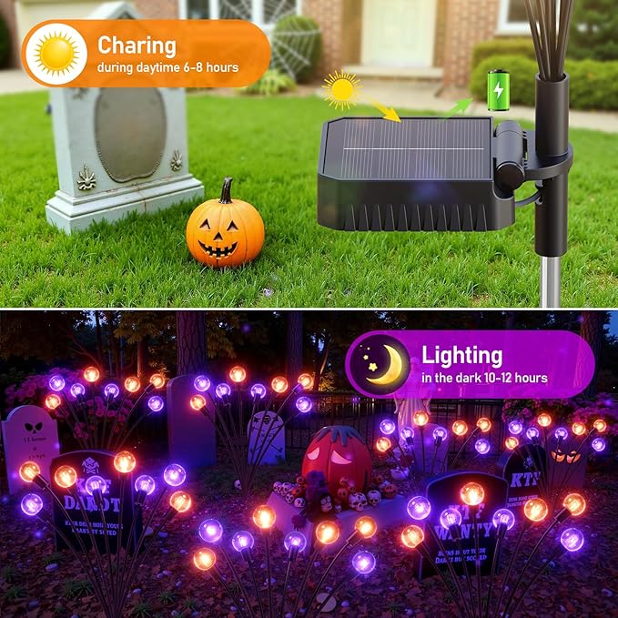4Pack Halloween Decorations Outdoor, KELME Purple & Orange 32 LED Swaying Solar Halloween Lights Outdoor, 2 Modes Outdoor Halloween Decorations Decor Halloween Solar Lights for Party Yard Garden