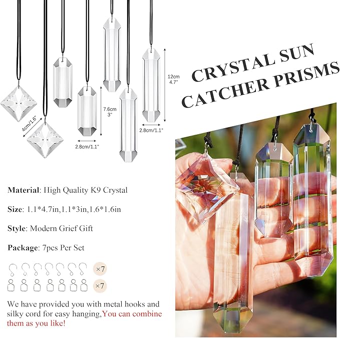 HDCRYSTALGIFTS Modern Grief Gift,Set 7 Clear Crystal Prisms Suncatchers Hanging Ornament,Rainbow Maker Sun Catchers for Windows, Balcony, Kitchen, Garden Decoration
