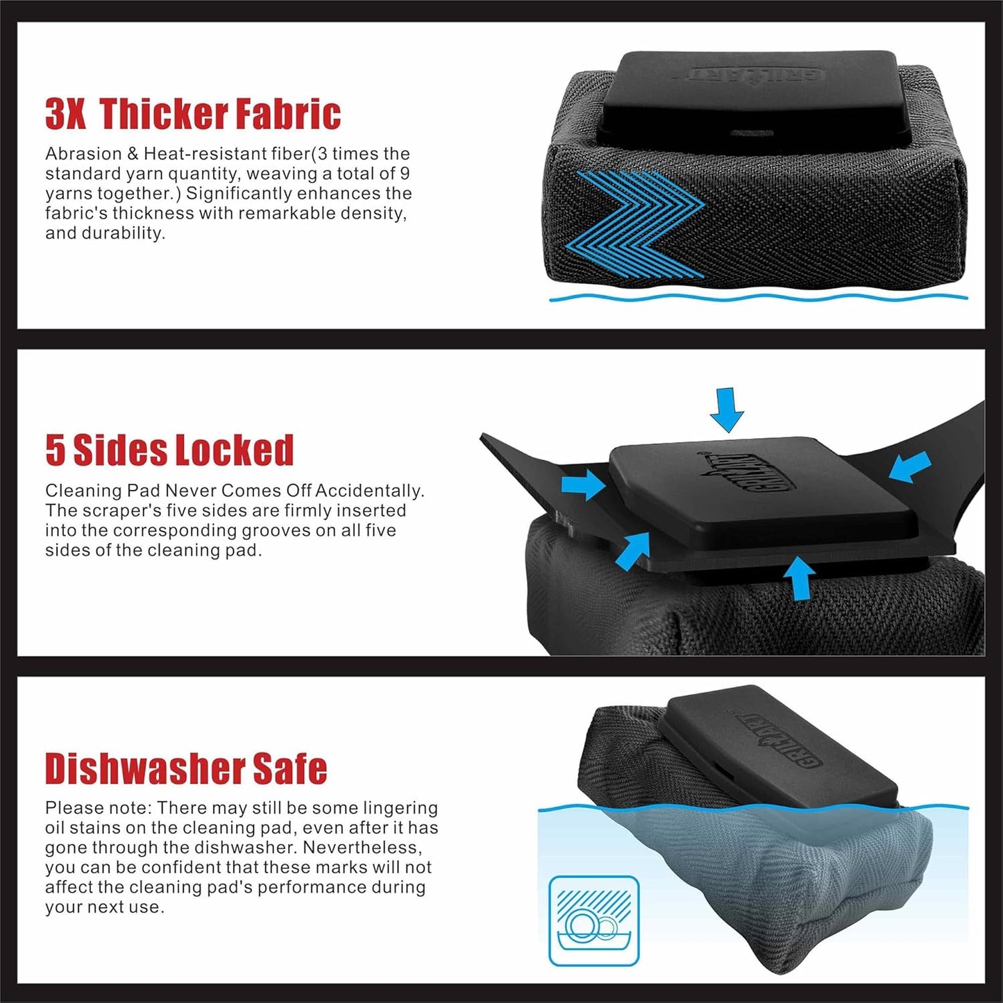 GRILLART Grill Brush Bristle Free, Replaceable BBQ Cleaning Pad (No Handle), Safe Replacement Cleaning Pad/Head for Cast Iron/Stainless Steel Grates - Dark Black