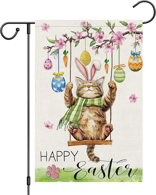 Heyfibro Happy Easter Cute Cat Garden Flag 12x18 Double Sided Burlap, Spring Summer Magnolia Flower Easter Egg Small Yard Banner for Seasonal Holiday Farmhouse Yard Outdoor Decor(ONLY FLAG)