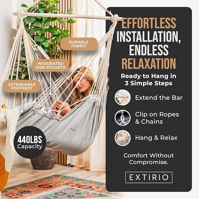 Hanging Hammock Chair Swing – Hanging Chair Outdoor & Indoor - Hammock Swing Chair – Quick & Easy Setup with Hardware Kit – Durable & Spacious Full Body Support – Holds 440 Lbs