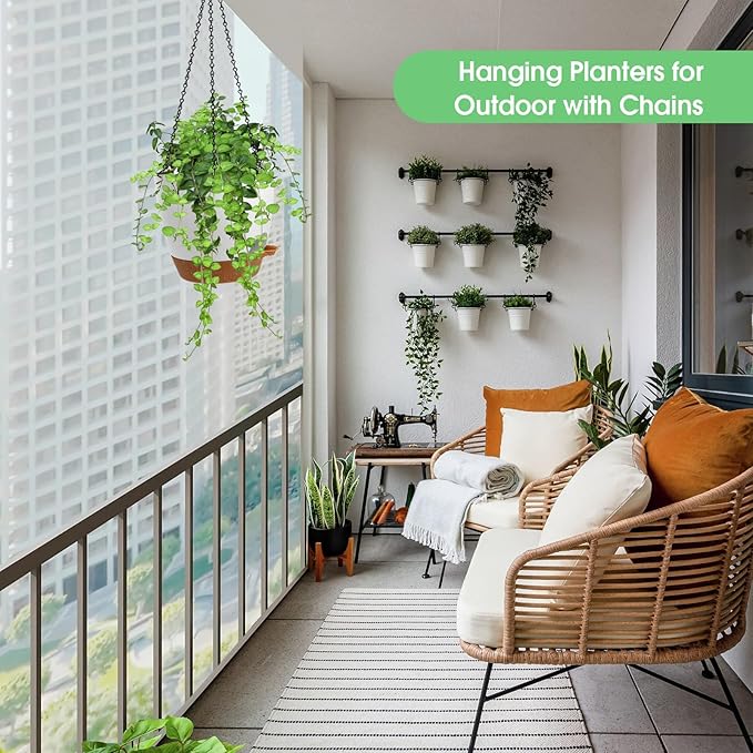 Hanging Planters for Indoor Outdoor Plants, 2 Pack Self Watering Hanging Pot with Drainage Holes, Removable Tray & 2 Kinds of Plant Hangers, 8'' Hanging Flower Pots for Home Garden Decor, White