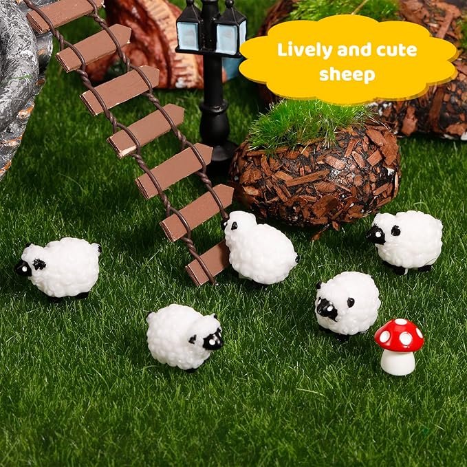 100Pcs Mini White Sheep Miniature Resin Sheep Figurines Cute Little Figurines Fairy Outdoor Moss Ornaments Landscape Figurines Garden DIY Ornament Accessories for Indoor Outdoor