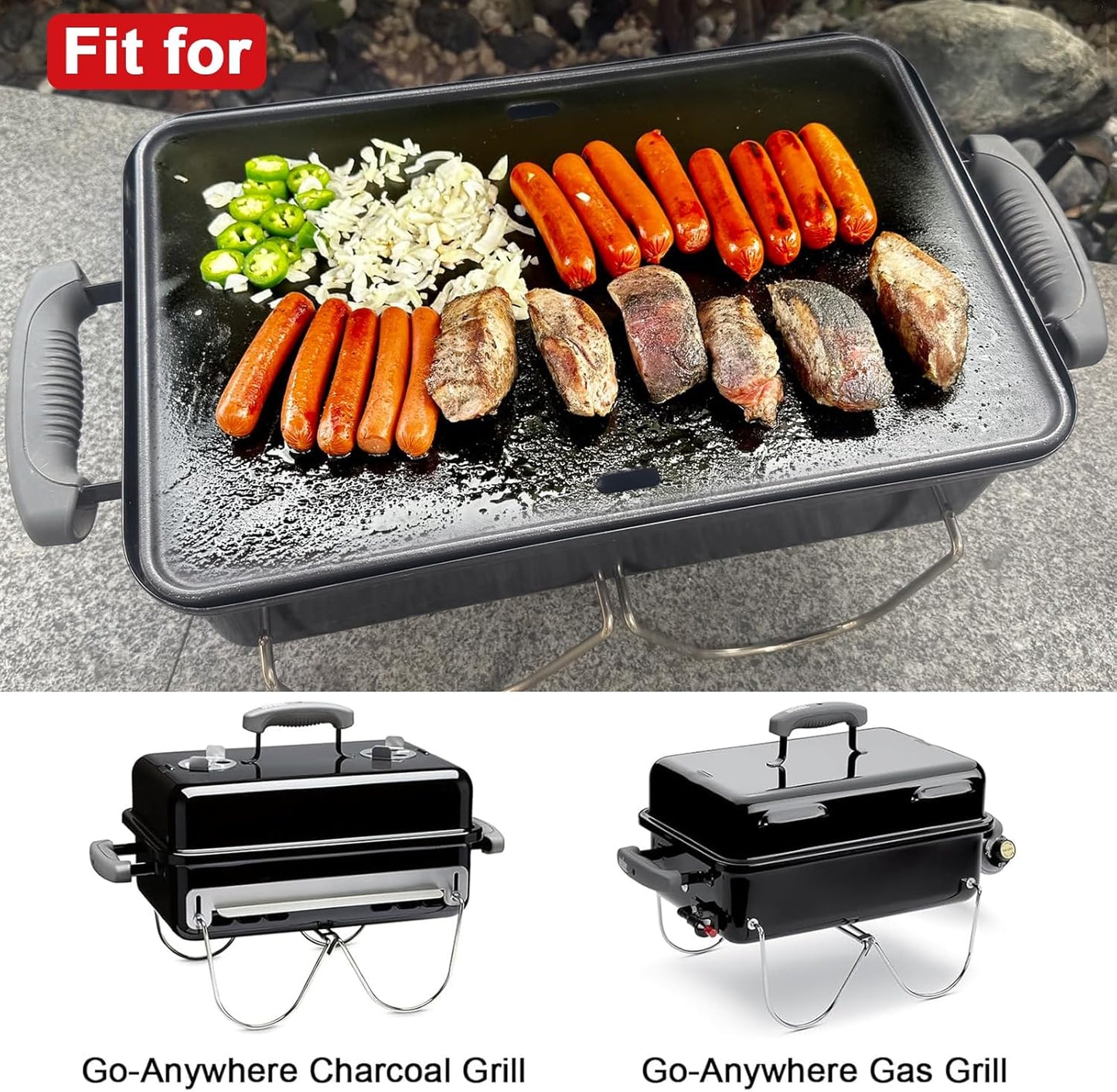 80631 Cast Iron Cooking Griddle for Weber Go-Anywhere Charcoal and Gas Grills, 16"x10" Grill Griddle Pan, Portable for Indoor Stovetop/Outdoor Camping BBQ, Replacement for Weber 70211 3634 67195
