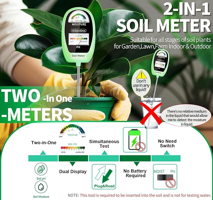 2-in-1 Soil Test Kit, Soil Moisture Meter, Soil pH Tester-Dual Dial-Simultaneously-Display Results-Soil pH Meter, Moisture Meter for House Plants,Lawn,Garden,Farm Indoor&Outdoor-BabyGreen