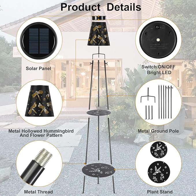 47.2'' Outdoor Metal Solar Floor Lamps with 2 Plant Stand Dragonfly Solar Lights Plant Stand Waterproof Solar Powered Outdoor Lantern Garden Decorative Light for Pathway Patio Porch Deck Yard