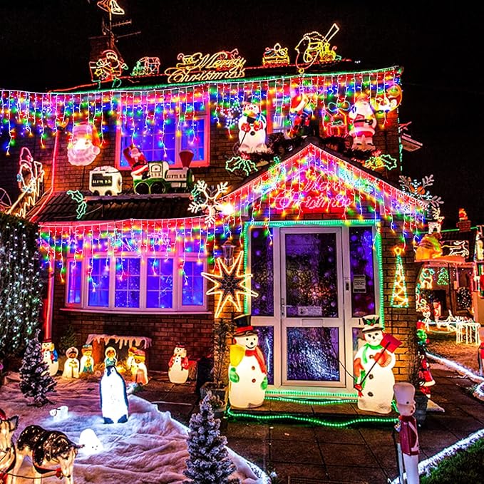 132 ft Christmas Lights -1280 LED Icicle Lights Outdoor with 240 Drops Hanging String Lights, 8 Modes Plug in Waterproof Timer Memory for Holiday Wedding Party Window Garden Decoration (Multicolor)