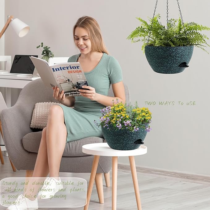 12 Inch Hanging Baskets 2 PC with Chains, Self-Watering Hanging Planters for Indoor Outdoor Plants, Plastic Hanging Flower Pots, Black with Green Speckles