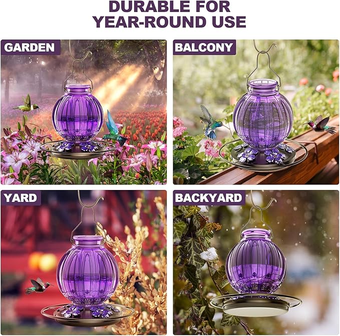 Glass Hummingbird Feeder for Outdoors Hanging, Bird Nectar Feeder with Perch & 5 Flower Feeding Ports, 26 Oz Leak Proof for Outside Garden Decor Backyard, Gifts for Women Mom, Purple