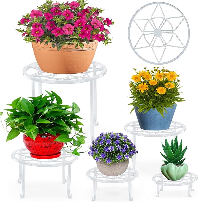 5 Pack Metal Plant Stands for Multiple Plant,Heavy Duty Flower Pot Stands for Outdoor Indoor Plants,Rustproof Iron Round Pot Shelf for Planter (White)