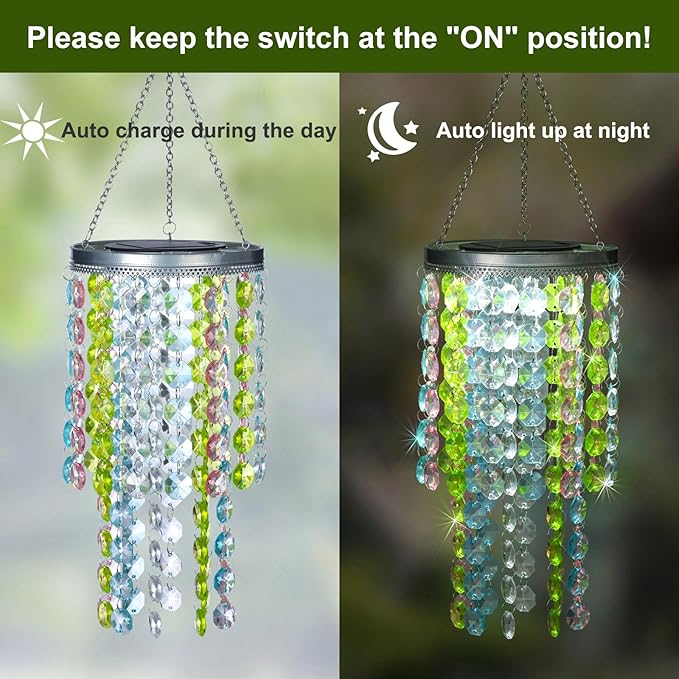 Hanging Solar Lantern Outdoor, 2 Tiers 21” Solar Multicolor Acrylic Beaded Chandelier with Cool White LED S Hooks for Garden Yard Patio Gazebo Outside Decor