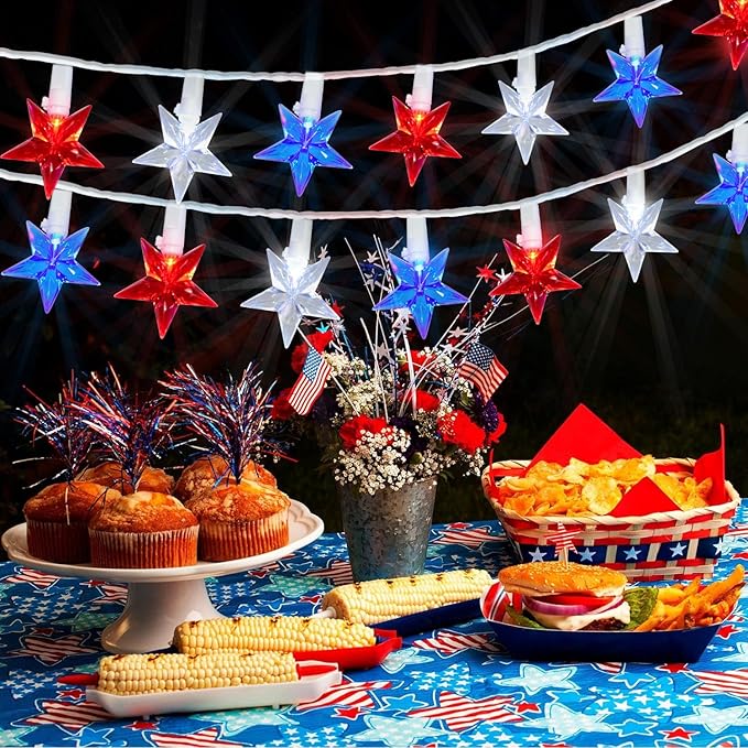 50 LED Red White and Blue Star Lights, 18.5FT 4th of July Lights Plug in, Patriotic Decorations Outdoor Star String Light for Home Patio Porch Garden Memorial Day Independence Day Decor, White Wire